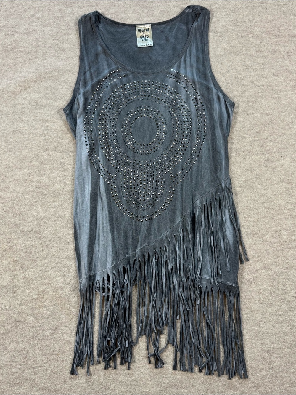 Vocal Charcoal Fringe Studded Tank Top